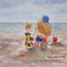 Original Beach Painting, Ocean Seashore Fun Watercolor, Dad Father Daughter Girl Child, Tender Moments Summer Memories, Sand Castle