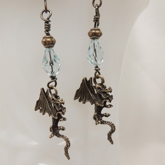 Bronze Dragon Earrings with Vintage Swarovski Crystals
