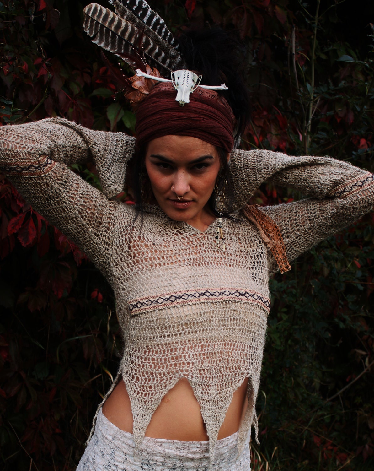 RESERVED for charlestaylor sale 50 prosent off tattered crochet hemp sweater jumper with vintage trim and pixie hood