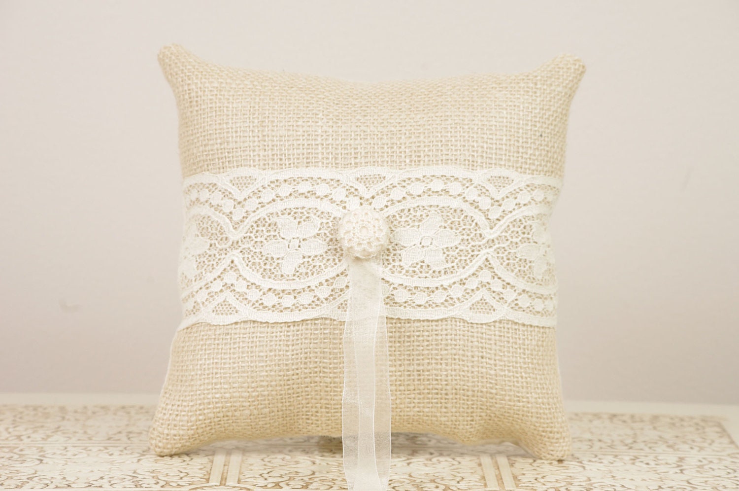 Burlap and Vintage Lace Ring Bearer Pillow