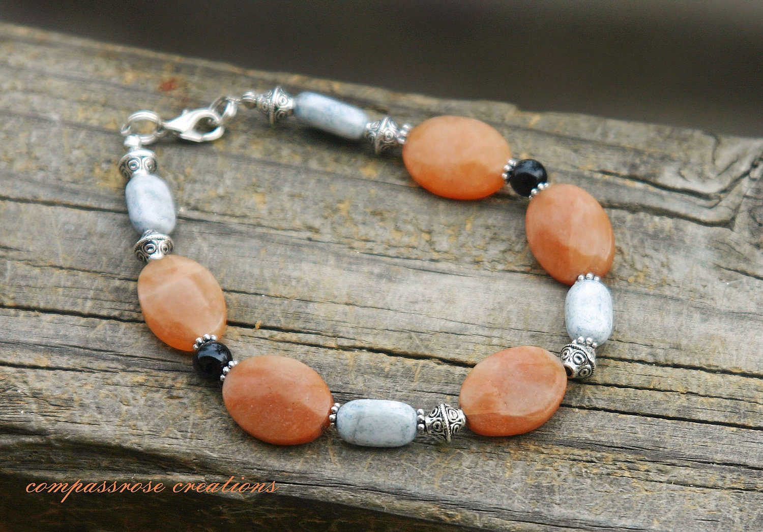 Tuscan Summer - Peach Aventurine Stone Beads with Slate Blue Glass Beads Beaded Bracelet