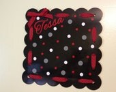 Personalized magnetic board: scalloped 12"x12" magnet board personalized with name or monogram, polka dots, ribbon, Great teacher, teen gift