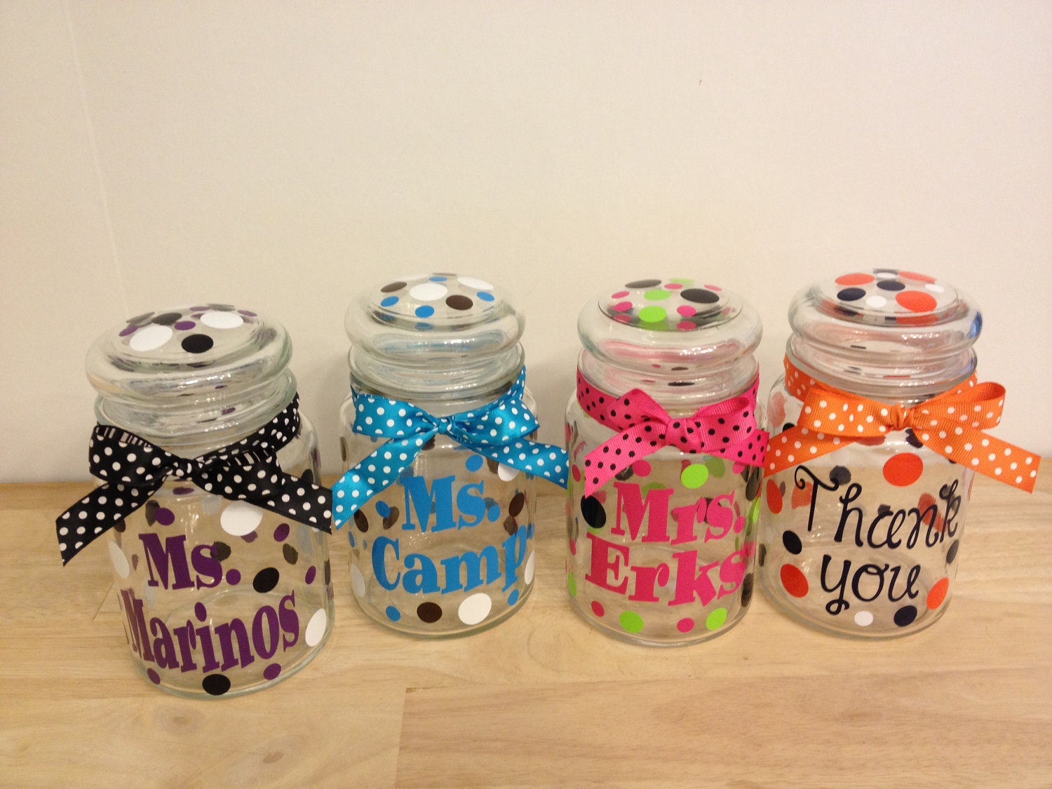 Personalized candy jar - name or monogram, polka dots or flowers - Great Christmas, teacher or Mother's Day gift, choose your colors