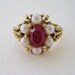 Vintage 1973 Traditional Regency Signed Avon Roseglow Goldtone Gold Tone Faux Pearl Ruby Red Rhinestone Adjustable 5 to 6 Ring