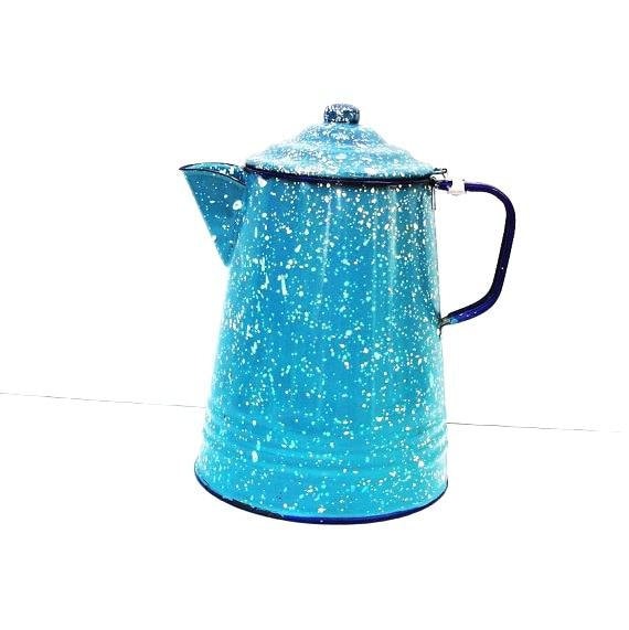 Coffee Pot, Vintage Enamelware,  Graniteware Pot, French Blue - Splatterware - Blue and White