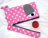 Whale laptop sleeve case in bright pink with large white dots, grey eyes, 17,15,13 inch, padded, soft fleece inside - made to order