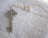 Vintage Key pendent Necklace w white pearls romantic wedding Bohemian Bridal/bridesmaid jewelry Whimsical Statement.