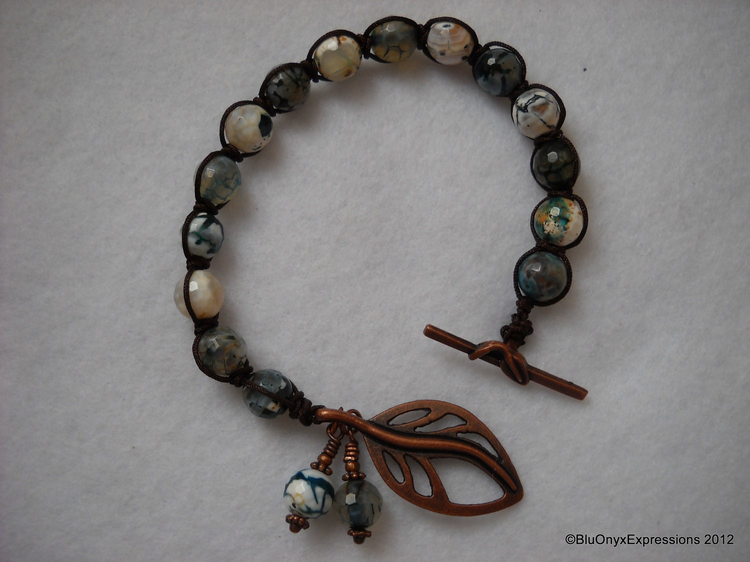 Blue, Brown, White Agate Bracelet, Beadwork, Chinese Silk Cord,  Macrame Knot, Friendship Bracelet, Shambala, Yoga Bracelet