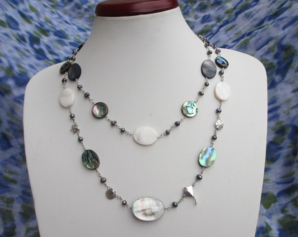 Long silver necklace - abalone silver  necklace -  under the sea necklace