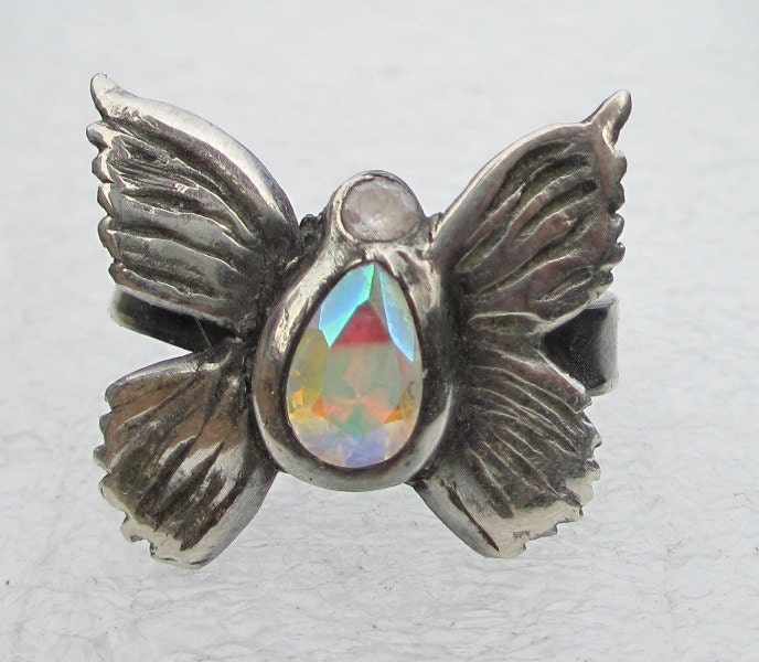 Silver butterfly ring - color changing stone ring