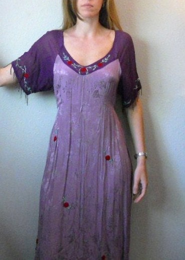 vintage 80s 90s purple lavendar gypsy hippie beaded maxi dress / small medium