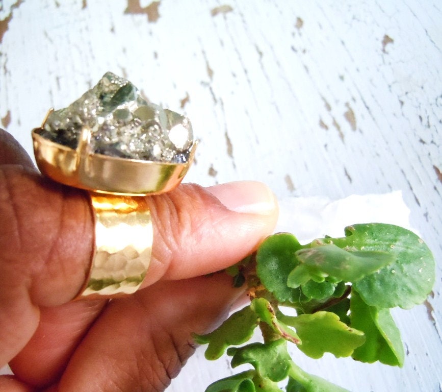 Shimmering Pyrite Ring - Raw Organic Gemstone Ring- Boho Chic Jewelry