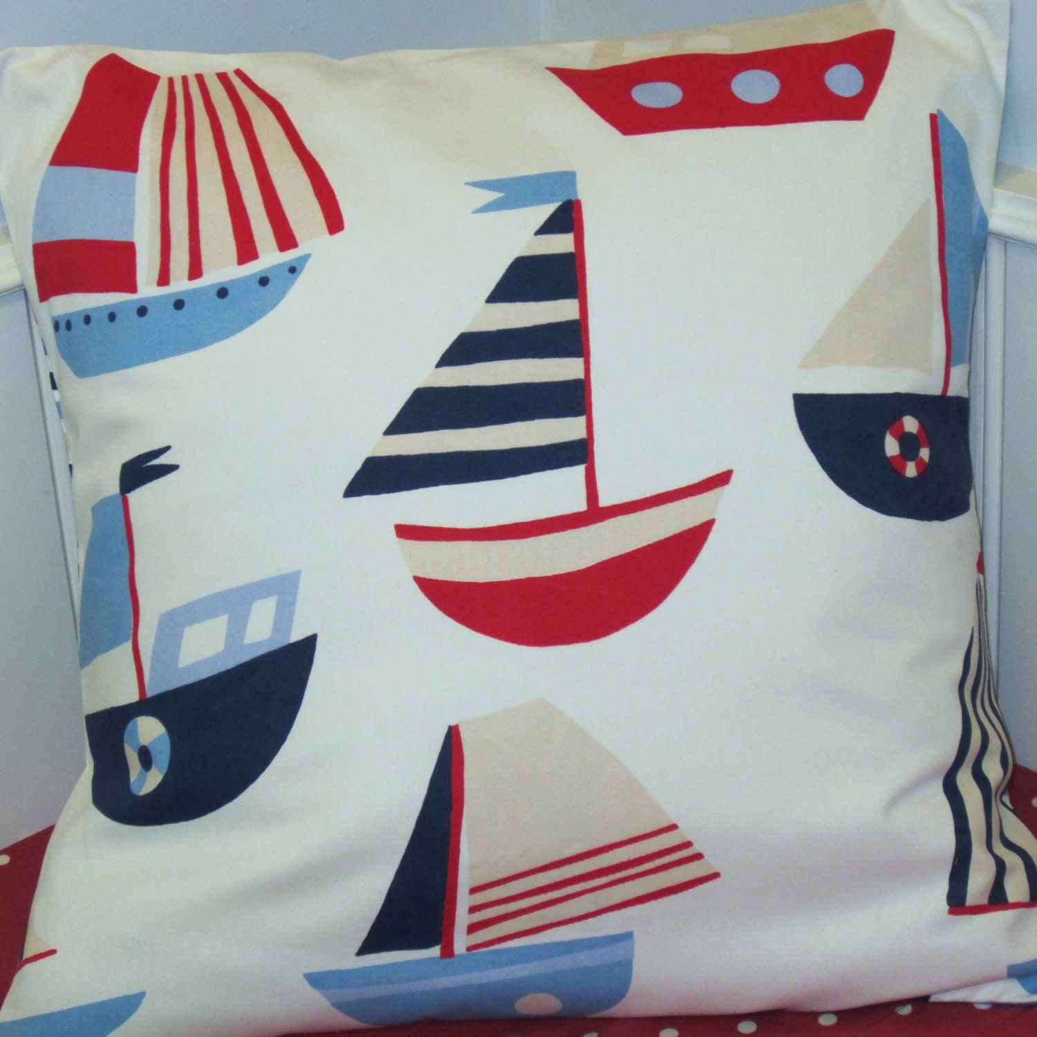Pillow Cushion Cover Large  24 x 24"  Kids Children's Nursery Nautical Off White with Red and Blue  Boats Striped  Back