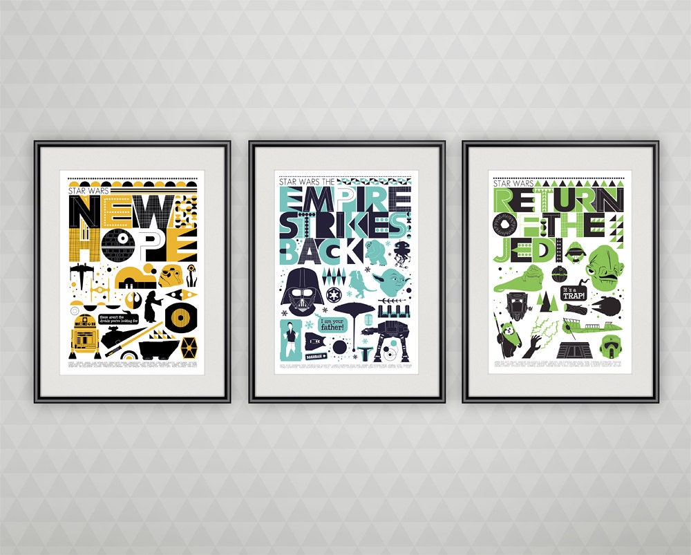 Star Wars poster, Star Wars Baby print,  Star Wars art - Original trilogy  poster set  of  3  A3