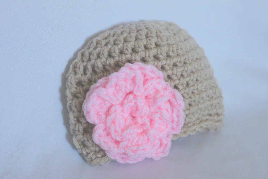 Newborn Flower Hat - Infant Flower Hat - Baby Flower Beanie - Crochet Baby Flower Hat - Newborn Crochet Hat -  Pink Tan