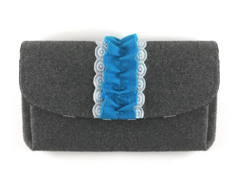 Grey Wool Wallet with Ruffle. Large Folding Coin Purse. Charcoal Turquoise Tweed Wallet. Handwoven in Ireland. Frill Scallop Purse Gray
