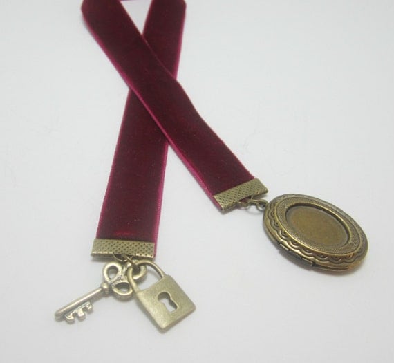 Berry Wine Velvet Ribbon Bookmark With Locket