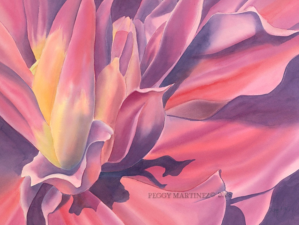 Print Watercolor Rose PinkYellowOrange- 8x10 Giclee Matted "Magenta" by Peggy Martinez