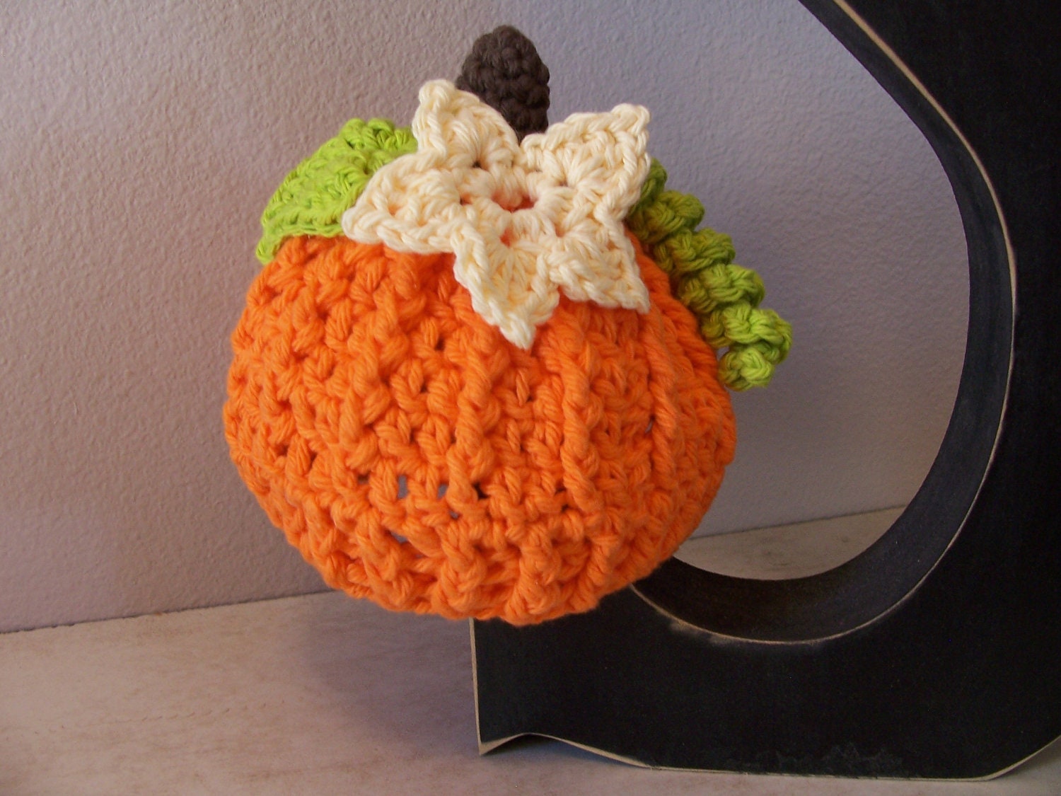 Crochet Pumpkin Hat W/Stem-Leaf-Vine-Flower--Hot Orange-Hot Green-Pale Yellow-Warm Brown