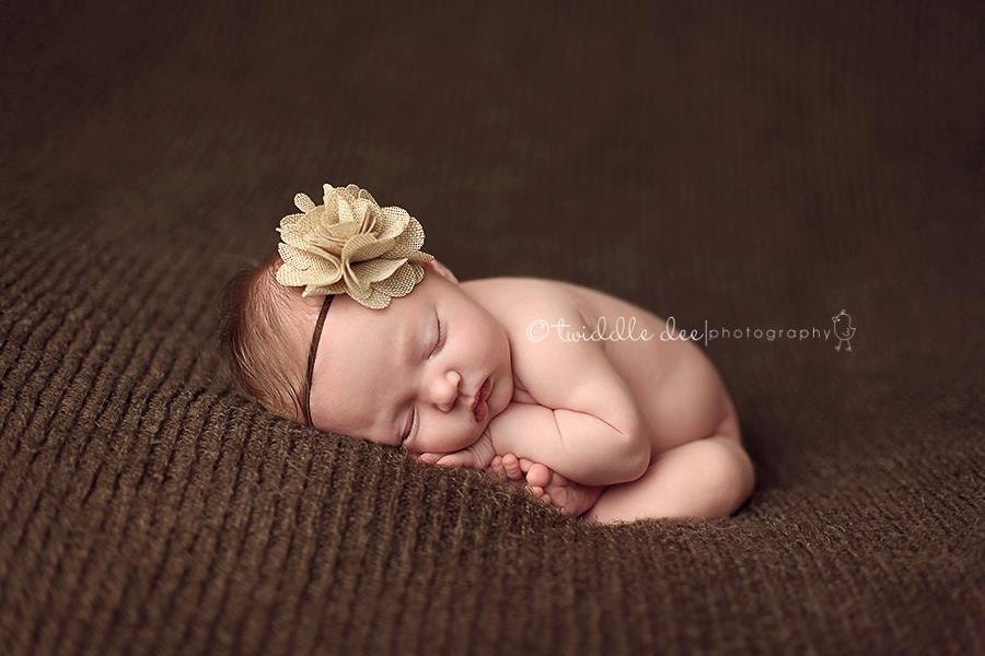 Baby Flower Headband- Tan Burlap Ruffled Flower on Skinny Brown Elastic Headband