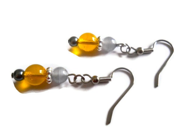Dark Gray Pearl Earrings, Bohemian Earrings, Yellow Sunshine Earrings, Silver, Light Grey Czech Glass Beaded Jewelry