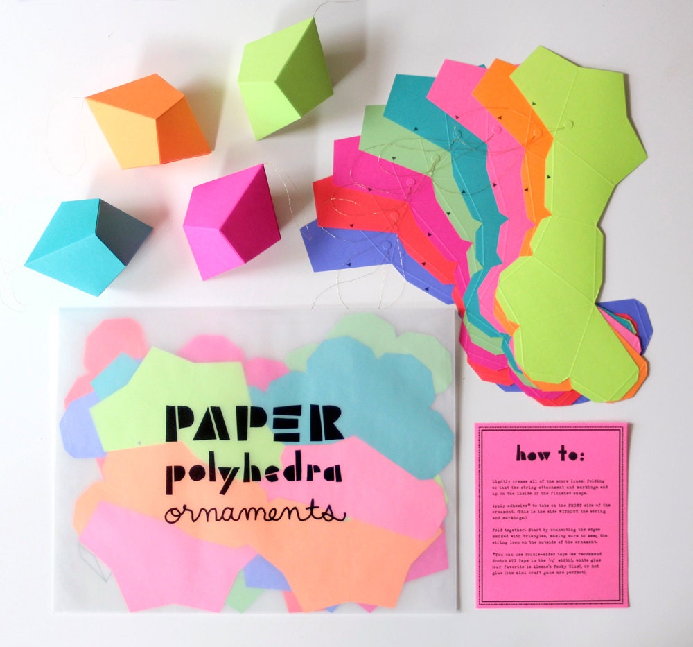 DIY Geometric Paper Ornaments - Set of 8 Paper Polyhedra Templates - Brights Palette