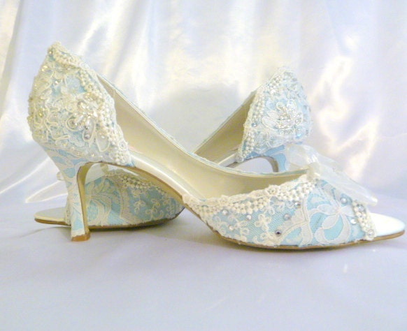 Something Blue ..mid heel...baby blue lacey wedding shoes...peep toes...Swarovski crystals and pearls