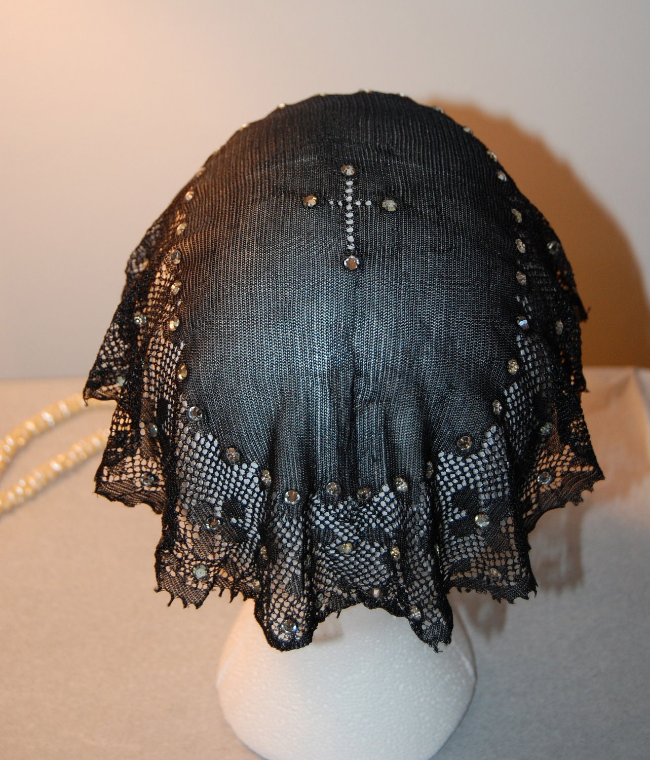 Sale 40s Black chapel veil with glass rhinestones oval filet netting mourning fascinator b&w sale