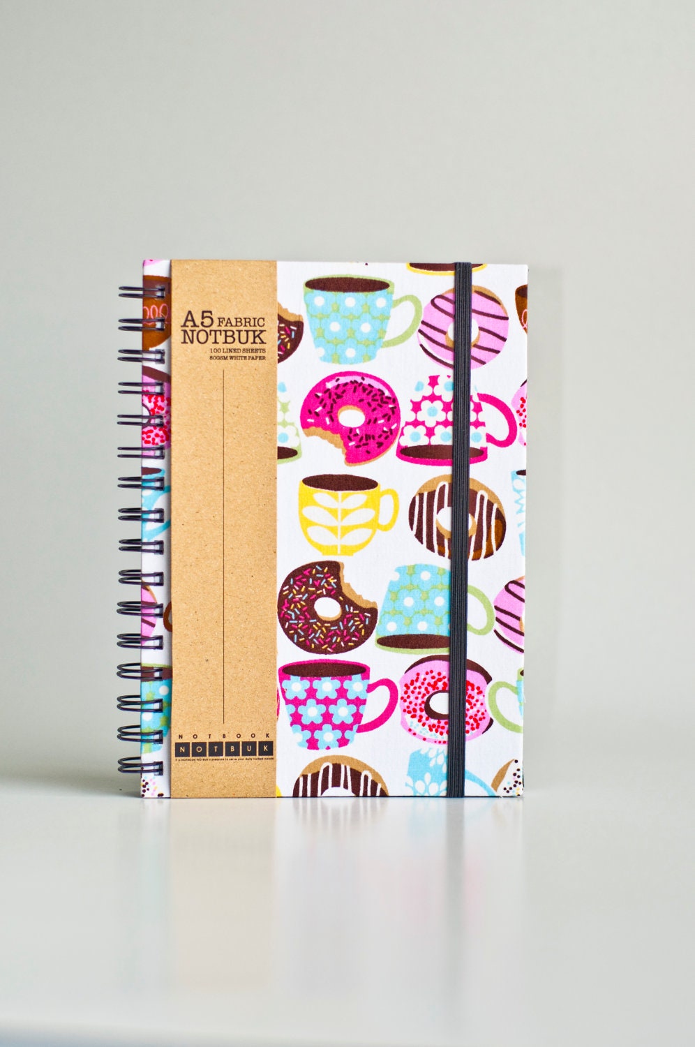 A5 Coffee & Donuts Fabric Wrapped Notebook with Elastic Band (choose from line / empty sheets)