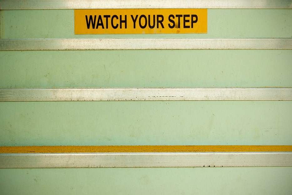 vintage sign photograph midcentury modern ferry steps aqua yellow black watch your step
