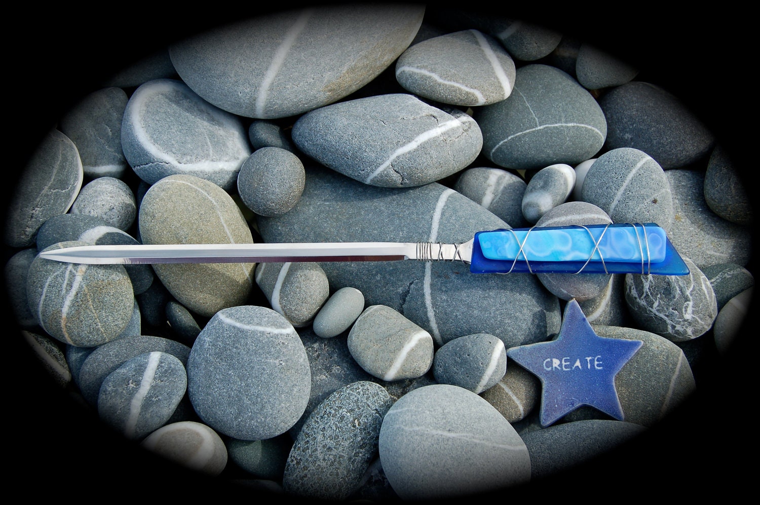 Sea Glass Letter Opener made with Recycled Bottle "Tumbled Island Glass"  in Ocean Blue with Splotchy Lt. Blue. Stainless Steel.