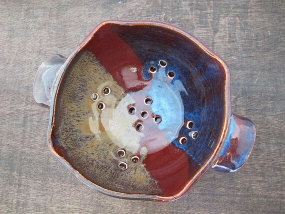 Ceramic Berry Bowl // Handmade Pottery Colander // Trio of Colors - Red, Brown and Blue