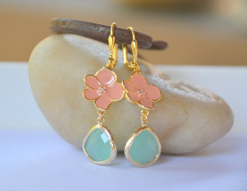 Gold Dangle Earrings with Coral Orange Flower and Aqua Teardrop. Dangle Earrings in Gold. Fashion Earrings.