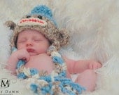 Sock Monkey Hat - Hand Crochet Unisex Baby or Toddler Beanie - Super Soft with Pom Pom in Oatmeal, Blue and Cream