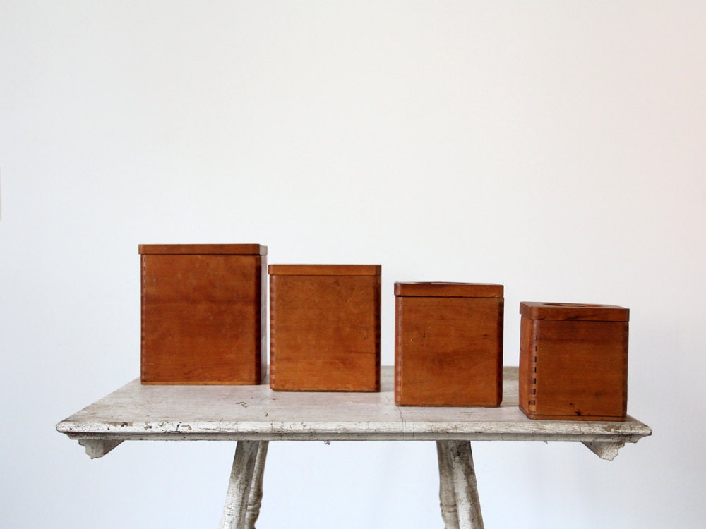 1950s Kitchen Canisters // Vintage Wood Dovetail Containers