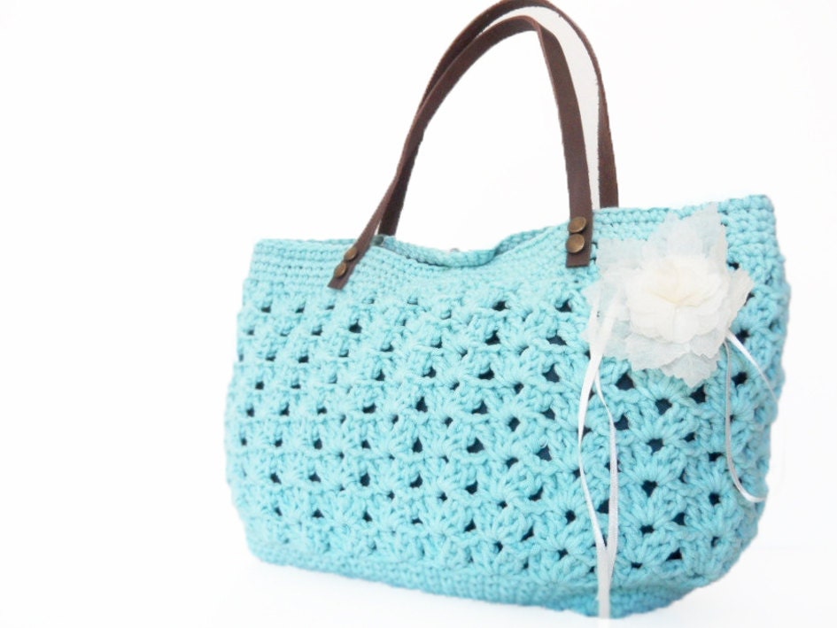 turquoise summer bag - Handbag Celebrity Style With Genuine Leather Straps / Handles shoulder bag-crochet bag-hand made