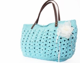 turquoise summer bag - Handbag Celebrity Style With Genuine Leather Straps / Handles shoulder bag-crochet bag-hand made