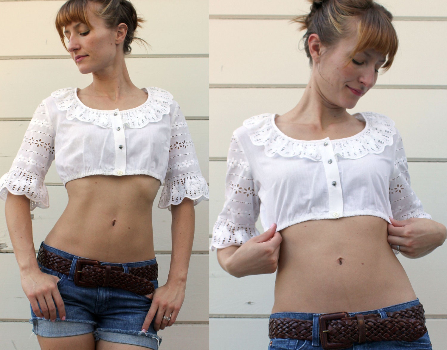 vintage 70s CROP TOP // white eyelet & scalloped lace gypsy festival blouse // M-L  c517