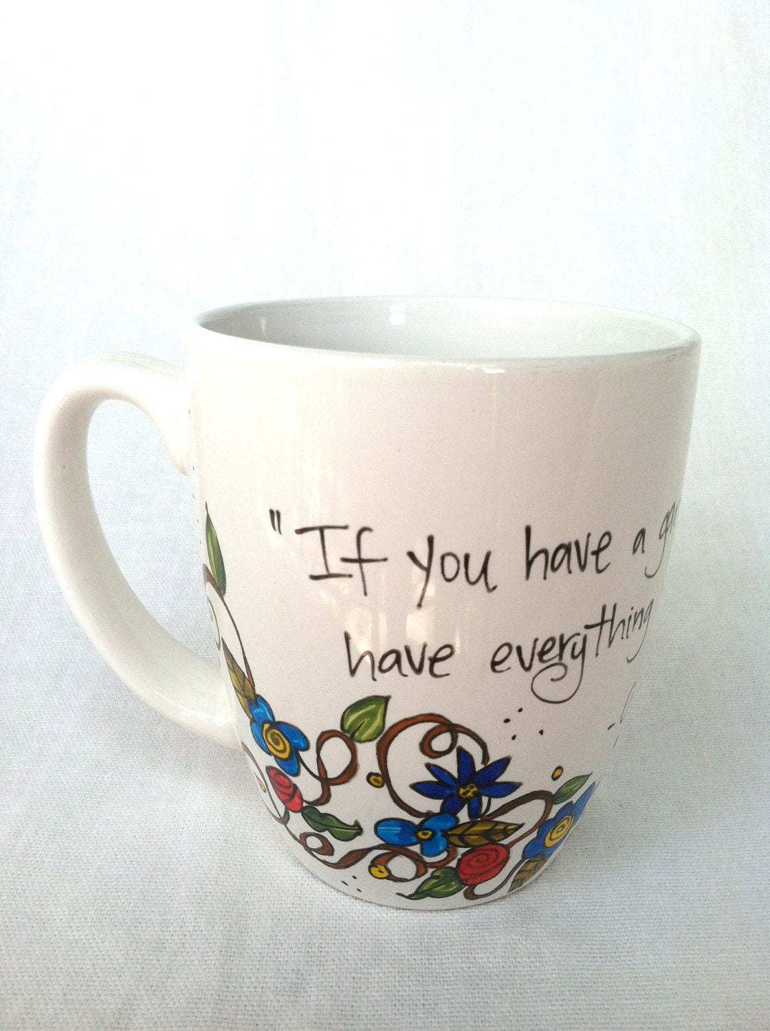 Cicero "If you have a garden and a library" Literary Quote Mug - Bright white medium sized mug - Hand painted with books and flowers