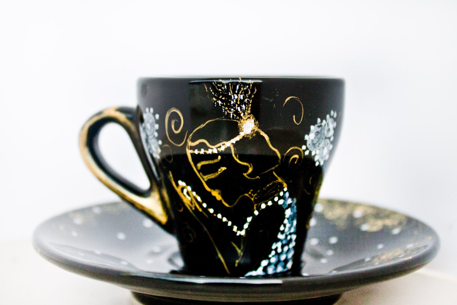 Edwardian lady - black gold espresso cup - painted