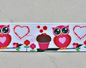 Cupcakes & owls on white 7/8" grosgrain ribbon Valentines Il_170x135