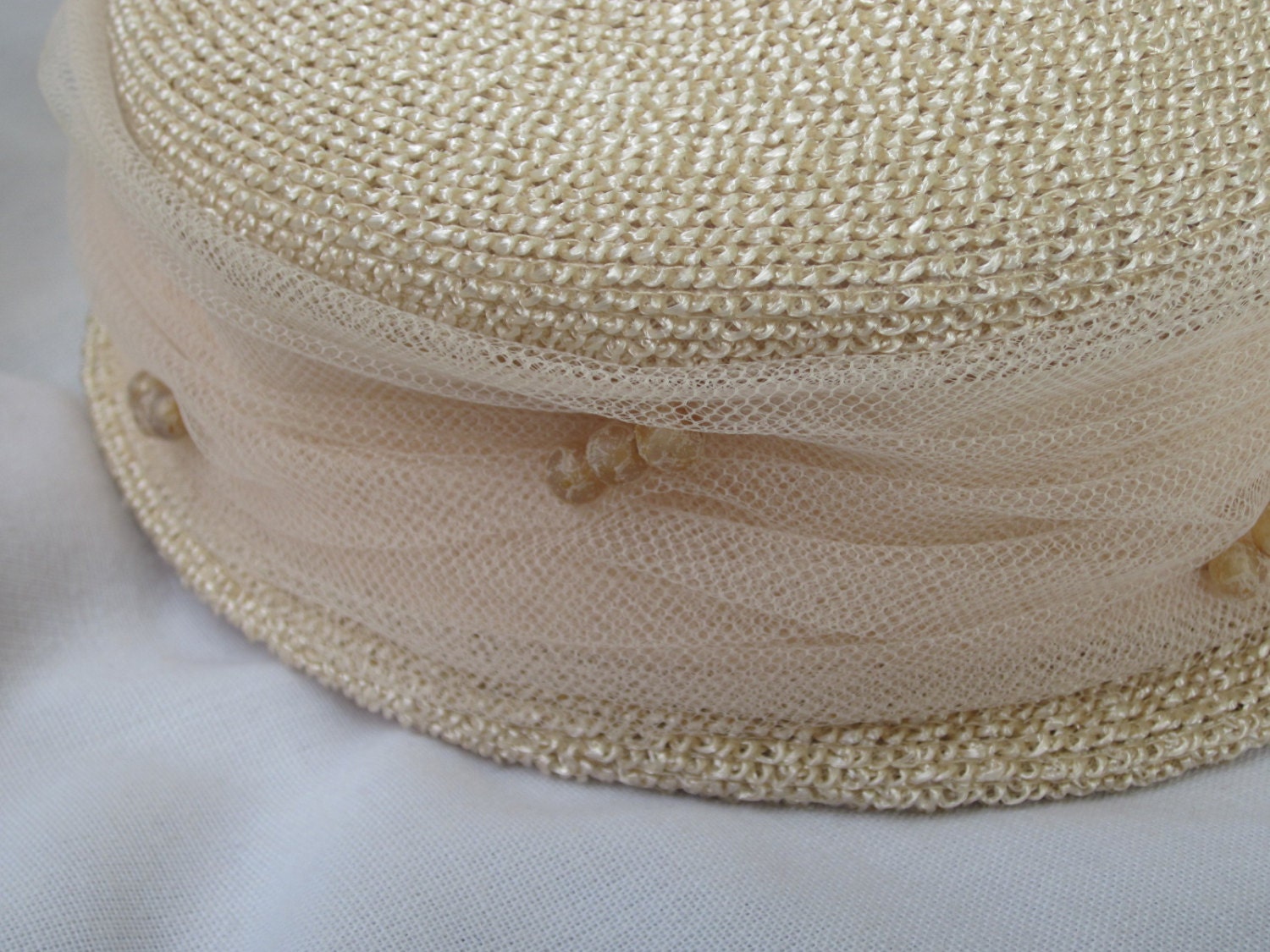Vintage Beige, Ivory Straw Hat with Beads, Pillbox Style, Netting Band,, Wearable Style from the 1960s