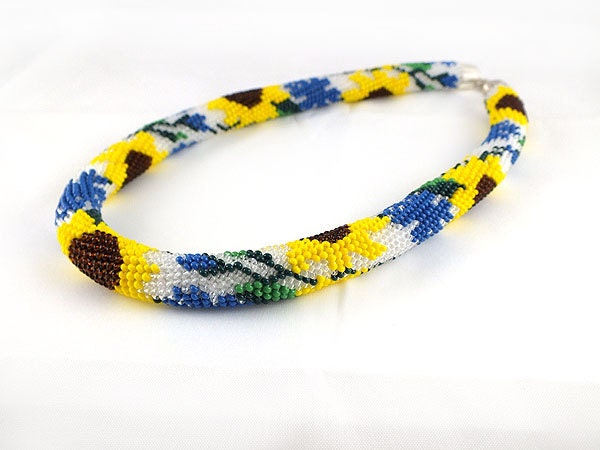 Beads rope necklace with cornflower and sunflower flower ,beaded necklace ,handmade jewellery, spring fashion ,beadwork, neon