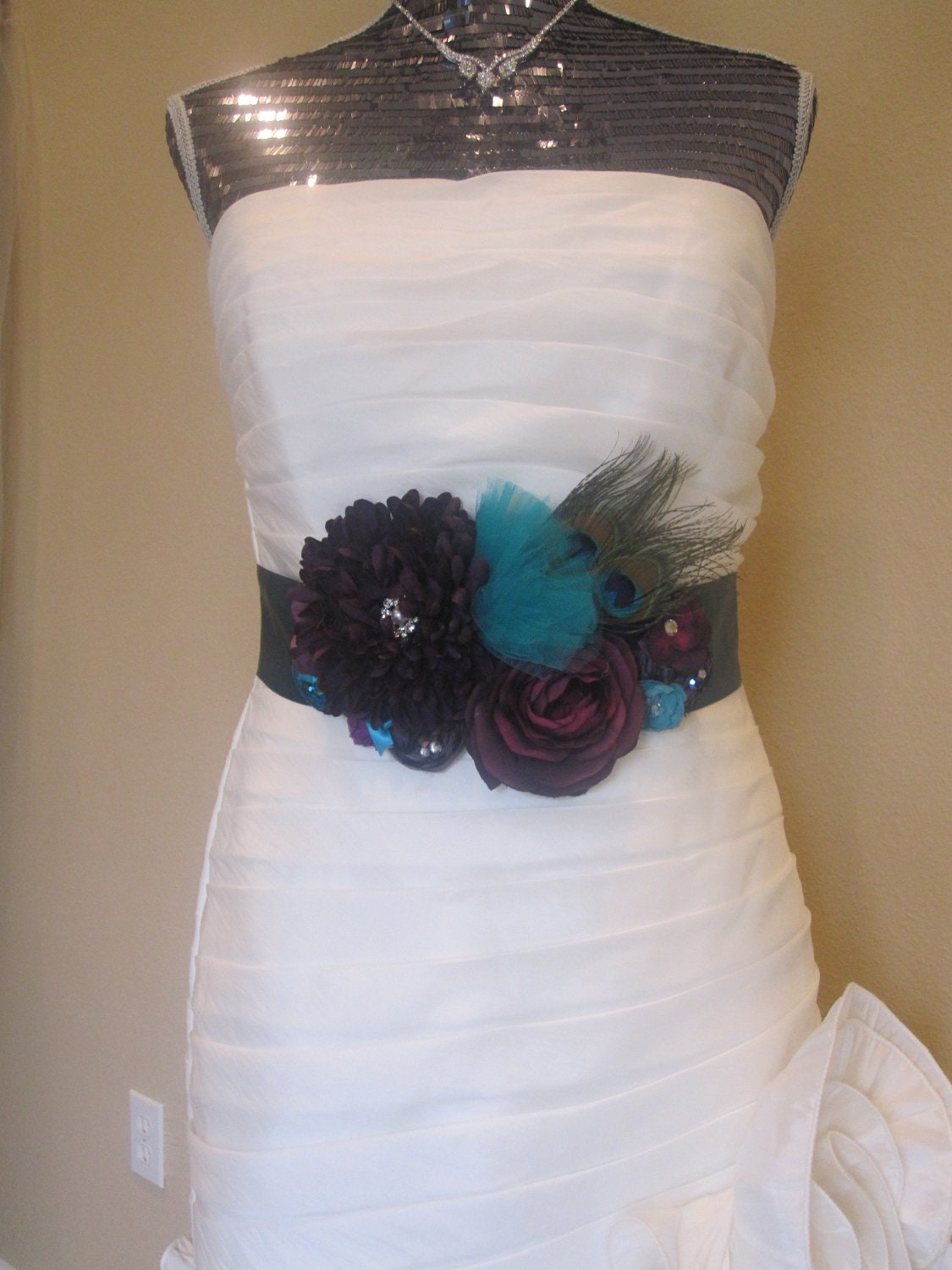 Plum & Teal Peacock Rosette Bridal or Maternity Sash Vintage-inspired w/ Handrolled Fabric Rosettes and Feathers