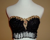 Beautiful 90's Madonna Style Vintage Black Gold Multi Colored Beaded Rhinestone Fringe Trim Bra