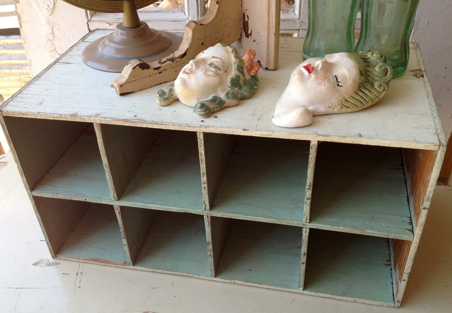 This Vintage Sweet Chippy Sea Foam Green Cubbie Cabinet Is Waiting For Your Junk