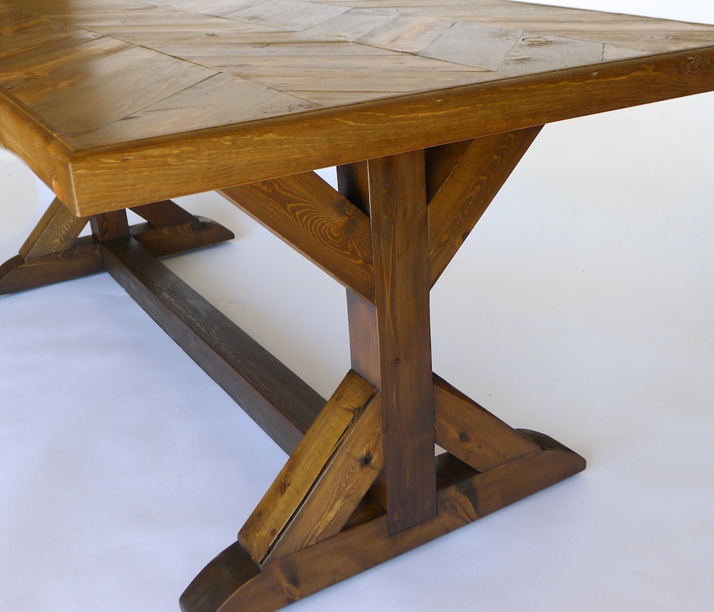 Beetle Kill Pine Chevron Design Dining Table with eco-friendly stain and upcycled wood beams