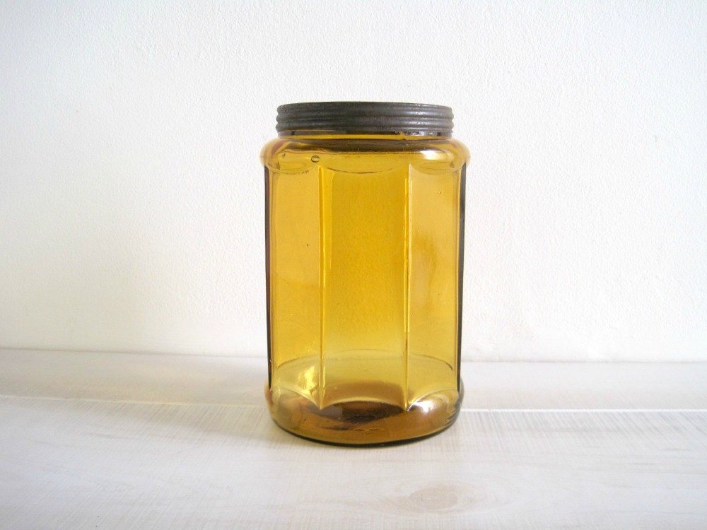 Vintage Amber Glass Jar - Rustic Kitchen Storage