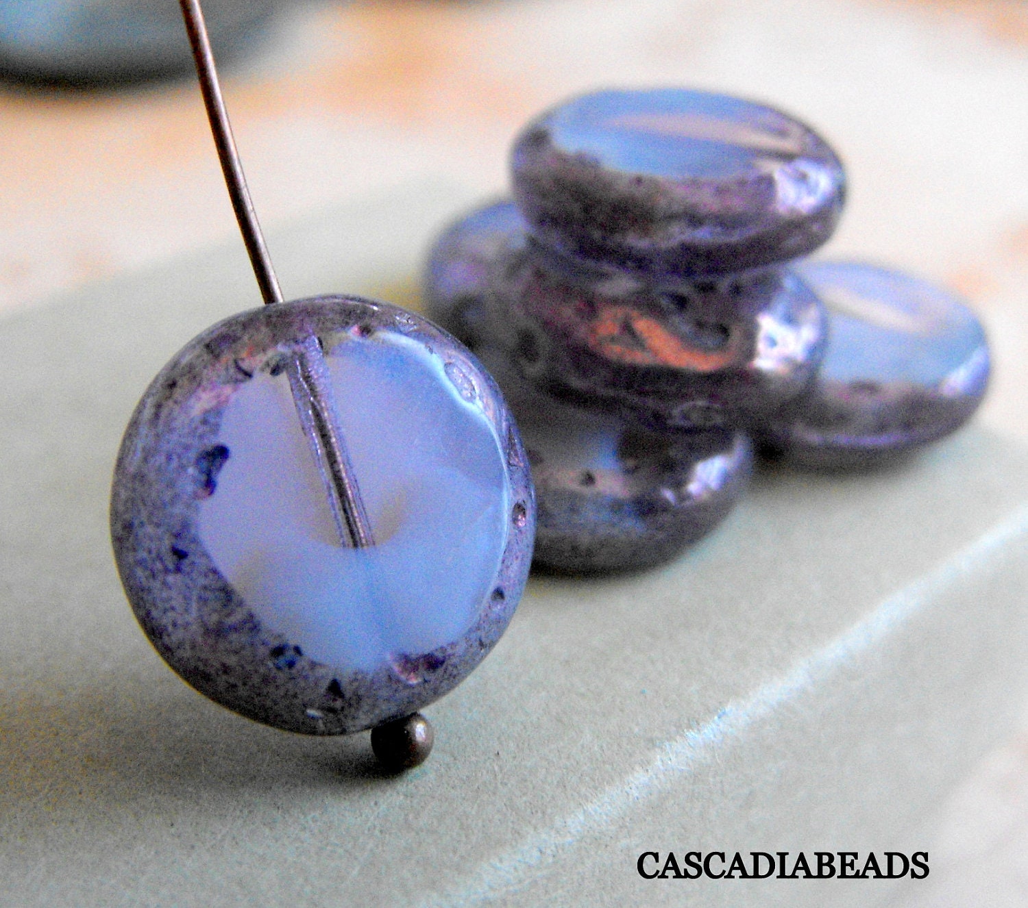 Czech Glass Bead - Chunky Carved Coin - Lilac Purple Shimmer - 4 - 14mm (cab-416)