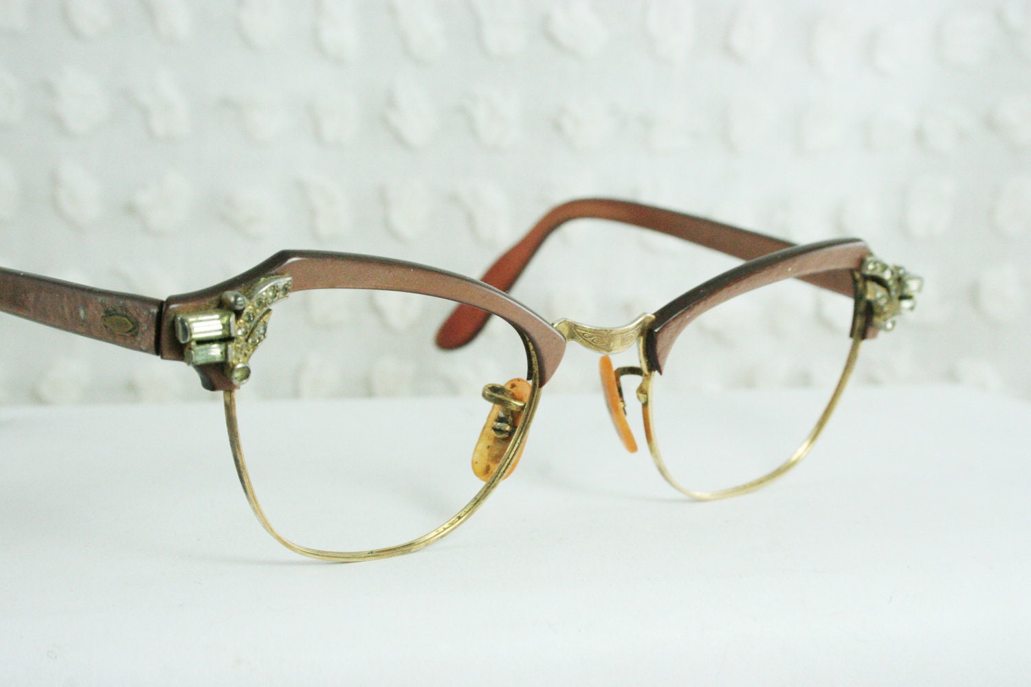 Vintage 50s Cat Eye Glasses Pink Pearl 1950's Eyeglasses Browline Silver Rhinestone Baguette Decoration Wide 44/22 by Bausch and Lomb